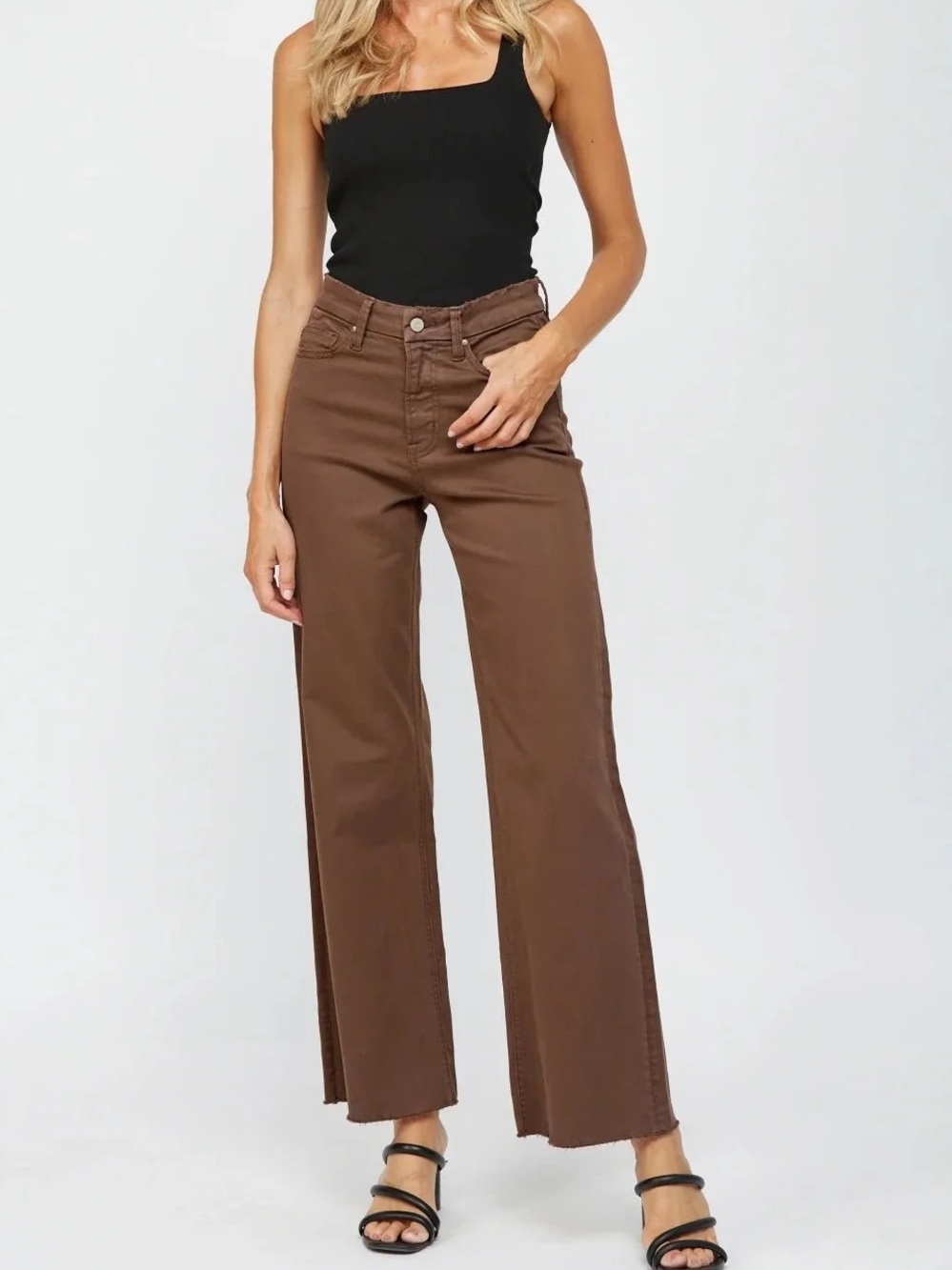 Mica Denim Brown High Rise Wide Leg Raw Hem Jeans Size 27